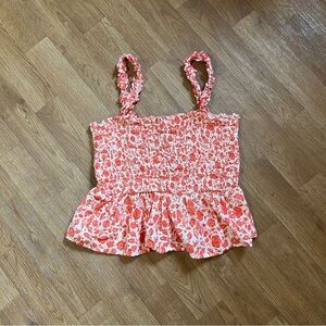 Universal Thread Red and White Floral Smocked Peplum Cotton Blend Tank Top
